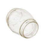 A clear, empty Swirled Glass Jar is lying on its side against a white background. The jar has a wide mouth with visible threading for a screw-on lid and subtle embossed details on its surface.