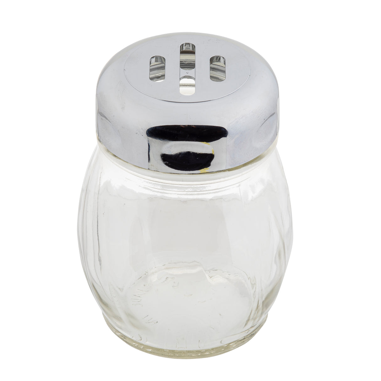 A clear, swirled glass jar with a chrome plated slotted top serves as a classic cheese shaker. Its round, grooved design and shiny lid with three wide slots stand out against the plain white background.