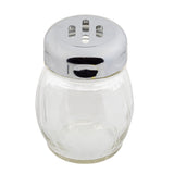 A clear, swirled glass jar with a chrome plated slotted top serves as a classic cheese shaker. Its round, grooved design and shiny lid with three wide slots stand out against the plain white background.