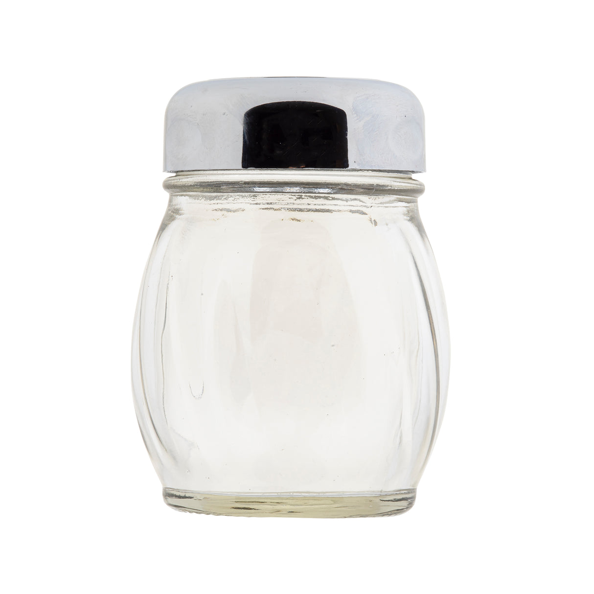A transparent, empty cheese shaker with a rounded, slightly indented swirled glass jar and a shiny chrome plated slotted top. The shaker is photographed against a plain white background.