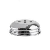 A shiny, round, silver metal object with three rectangular slots on top—likely a replacement shaker top or slotted chrome lid—is shown against a plain white background. Its reflective, smooth surface and ridged edges evoke classic swirl glass shakers.
