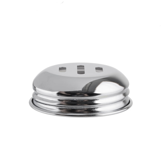 A shiny, round, silver metal object with three rectangular slots on top—likely a replacement shaker top or slotted chrome lid—is shown against a plain white background. Its reflective, smooth surface and ridged edges evoke classic swirl glass shakers.