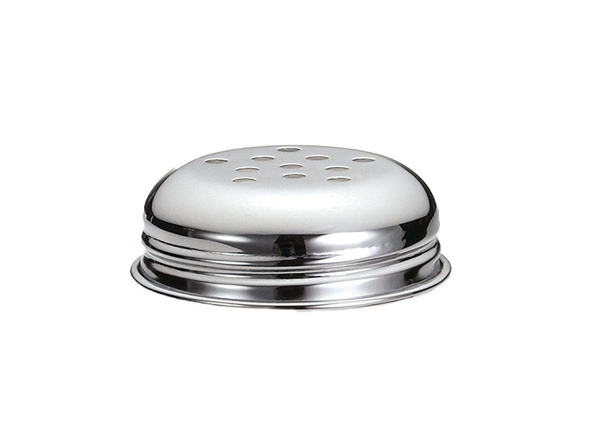 A shiny, round chrome plated replacement shaker top with a perforated lid, evenly spaced holes on its domed surface, and a grooved edge at the base for attaching to a container. The reflective finish stands out against the white background.