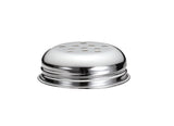 A shiny, round chrome plated replacement shaker top with a perforated lid, evenly spaced holes on its domed surface, and a grooved edge at the base for attaching to a container. The reflective finish stands out against the white background.