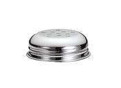 A shiny, round chrome plated replacement shaker top with a perforated lid, evenly spaced holes on its domed surface, and a grooved edge at the base for attaching to a container. The reflective finish stands out against the white background.