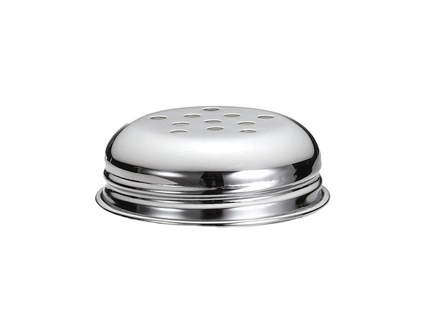 A shiny, round chrome plated replacement shaker top with a perforated lid, evenly spaced holes on its domed surface, and a grooved edge at the base for attaching to a container. The reflective finish stands out against the white background.