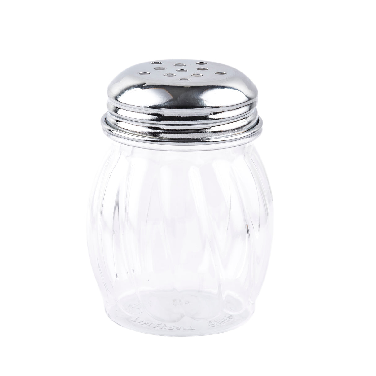 A clear, BPA free glass shaker with vertical ridges and a shiny, round metal screw-on lid featuring multiple small holes, shown against a plain white background.