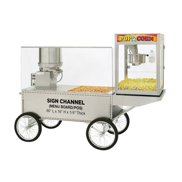 A vintage-style Lobby Master Merchandising Wagon with four large wheels, stainless steel construction, two display cases filled with popcorn, and a metal compartment labeled SIGN CHANNEL. The upper box features a colorful Popcorn sign.