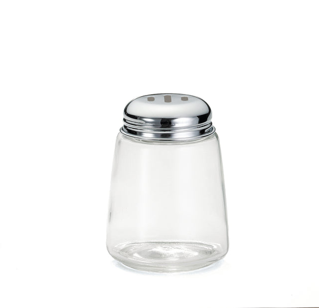 A clear, empty glass cheese shaker jar with a wide base and a shiny metal screw-on lid featuring multiple oval holes for easy dispensing. The jar sits centered on a white background, perfect for any kitchen or table.