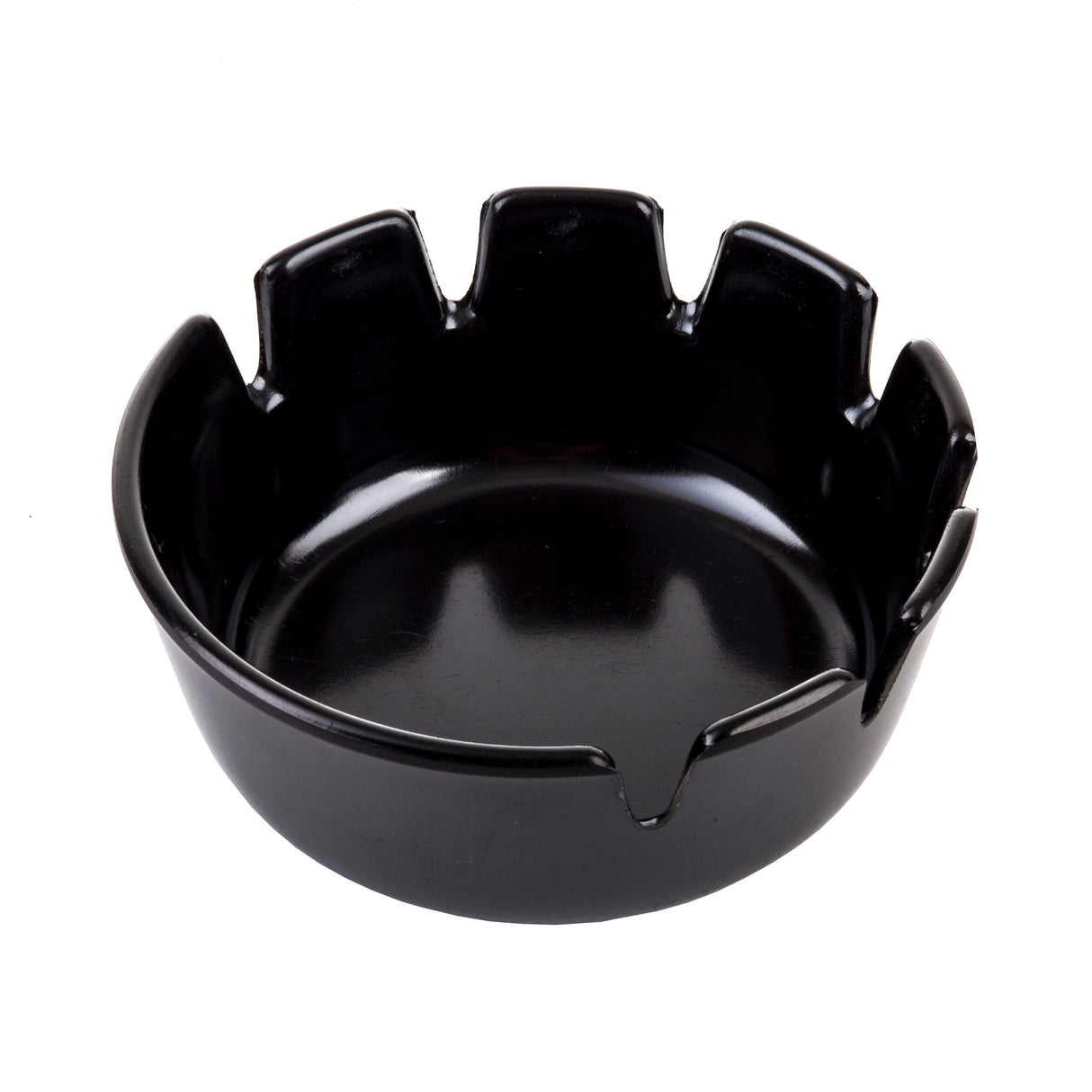 A glossy black deepwell ashtray with a round shape, featuring six evenly spaced notches along the rim for holding cigarettes. The ashtray has a smooth, reflective surface, a slightly concave center, and is dishwasher safe.