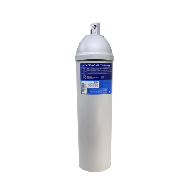 A tall, cylindrical Vivreau Purity C500 filter cartridge with a white body and rounded top. It features a blue label with product info and QR codes. The gray connector on top aids installation. Ion exchange technology ensures optimal filtration.