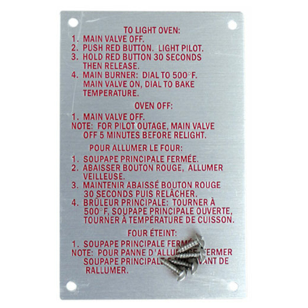 Blodgett BL20326 Instruction Plate