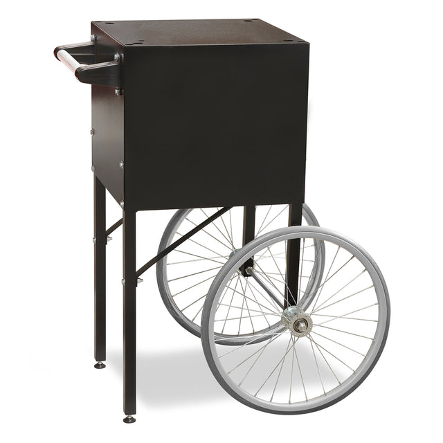 Black metal Fun Pop Cart with two large 18" silver spoked wheels on one side and sturdy legs on the other. Featuring a rectangular storage compartment for dry goods storage and two side handles for easy pushing, it’s designed for mobility.