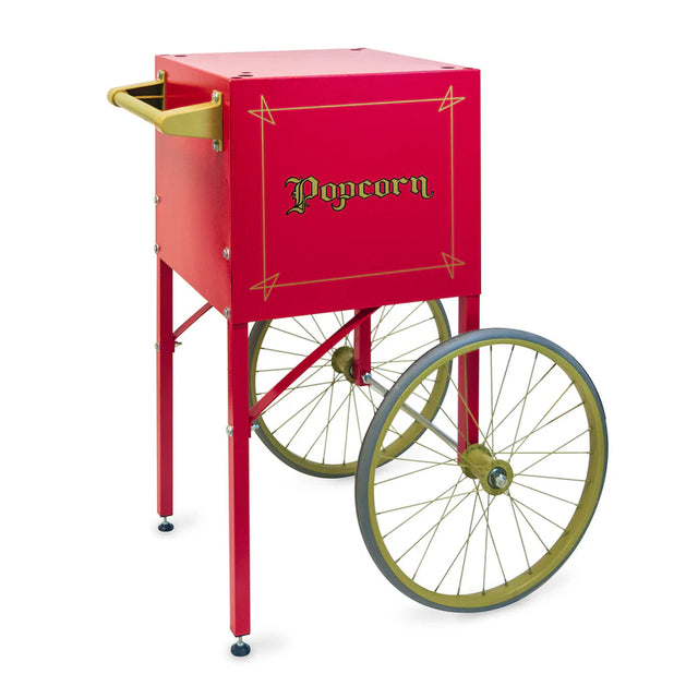 A red Fun Pop Cart with gold wheels and handles, featuring “Popcorn” in fancy gold lettering on the side. The cart offers easy assembly, a rectangular box on top for dry goods storage, two large spoked wheels, and sturdy supporting legs.
