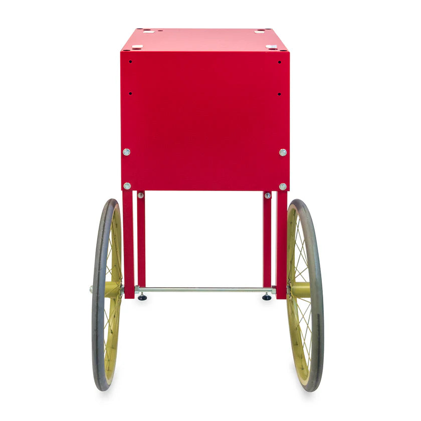 A red rectangular metal box with two large gold wheels, perfect for dry goods storage, and two straight legs, viewed from the back. The Fun Pop Cart features thin-spoked wheels, small feet for easy assembly, and stands out against the plain white background.