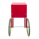 A red rectangular metal box with two large gold wheels, perfect for dry goods storage, and two straight legs, viewed from the back. The Fun Pop Cart features thin-spoked wheels, small feet for easy assembly, and stands out against the plain white background.