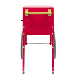 A bright red Fun Pop Cart viewed from the narrow end, showing two large metal wheels on each side and a yellow handlebar at the top. The cart has four straight legs, metal support bars near the base, and is ideal for easy assembly and dry goods storage.
