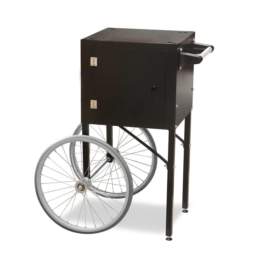 The Fun Pop Midnight Cart features a box-shaped dry goods storage compartment, two large silver wheels, and an easy to move handle. Its simple, functional design includes sturdy legs and a hinged front door for convenient access.