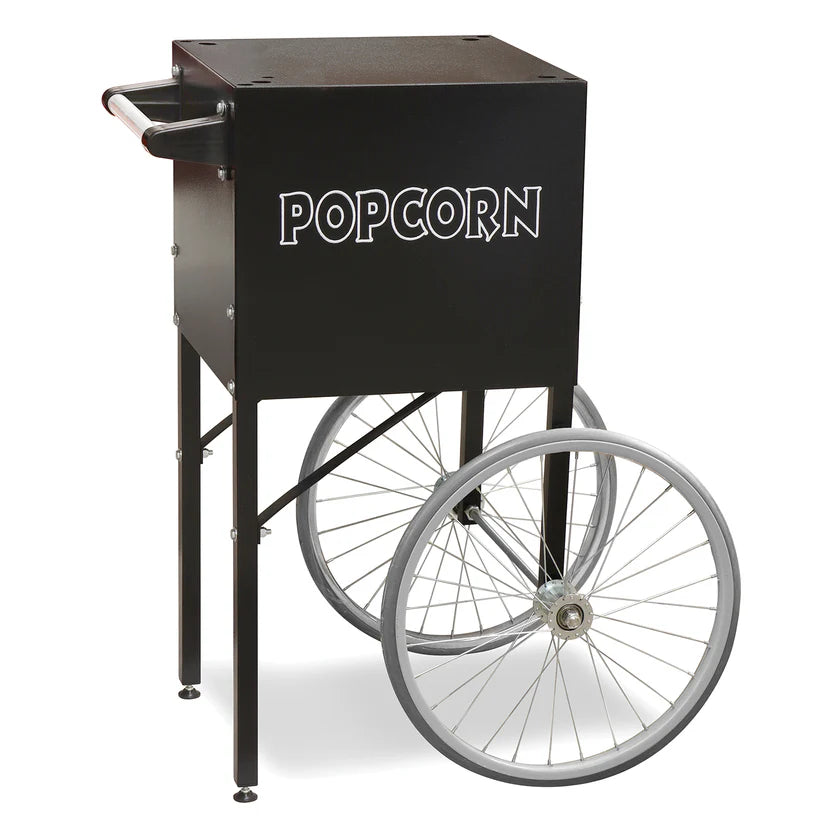 The Fun Pop Midnight Cart is a black popcorn machine with POPCORN in white letters, two large silver spoked wheels, an easy to move handle on the left side, and stationary legs for support. The cart stands on a white background.