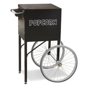 The Fun Pop Midnight Cart is a black popcorn machine with POPCORN in white letters, two large silver spoked wheels, an easy to move handle on the left side, and stationary legs for support. The cart stands on a white background.