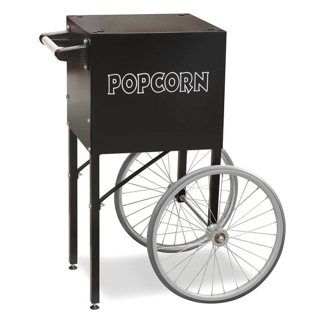 The Fun Pop Midnight Cart is a black popcorn machine with POPCORN in white letters, two large silver spoked wheels, an easy to move handle on the left side, and stationary legs for support. The cart stands on a white background.