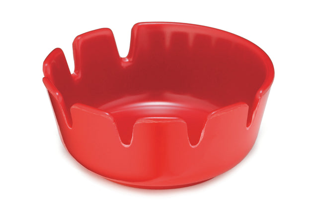 A red melamine ashtray with four wide, evenly spaced notches on the rim. The shiny, deepwell ashtray features large, curved gaps and is photographed against a plain white background.