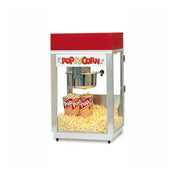 A classic countertop popcorn machine with a red top and clear glass sides. Inside, popped popcorn fills the bottom as two striped “POP CORN” boxes sit among the kernels. The 6 oz. kettle is suspended above in this Deluxe 60 Special Popcorn Popper.
