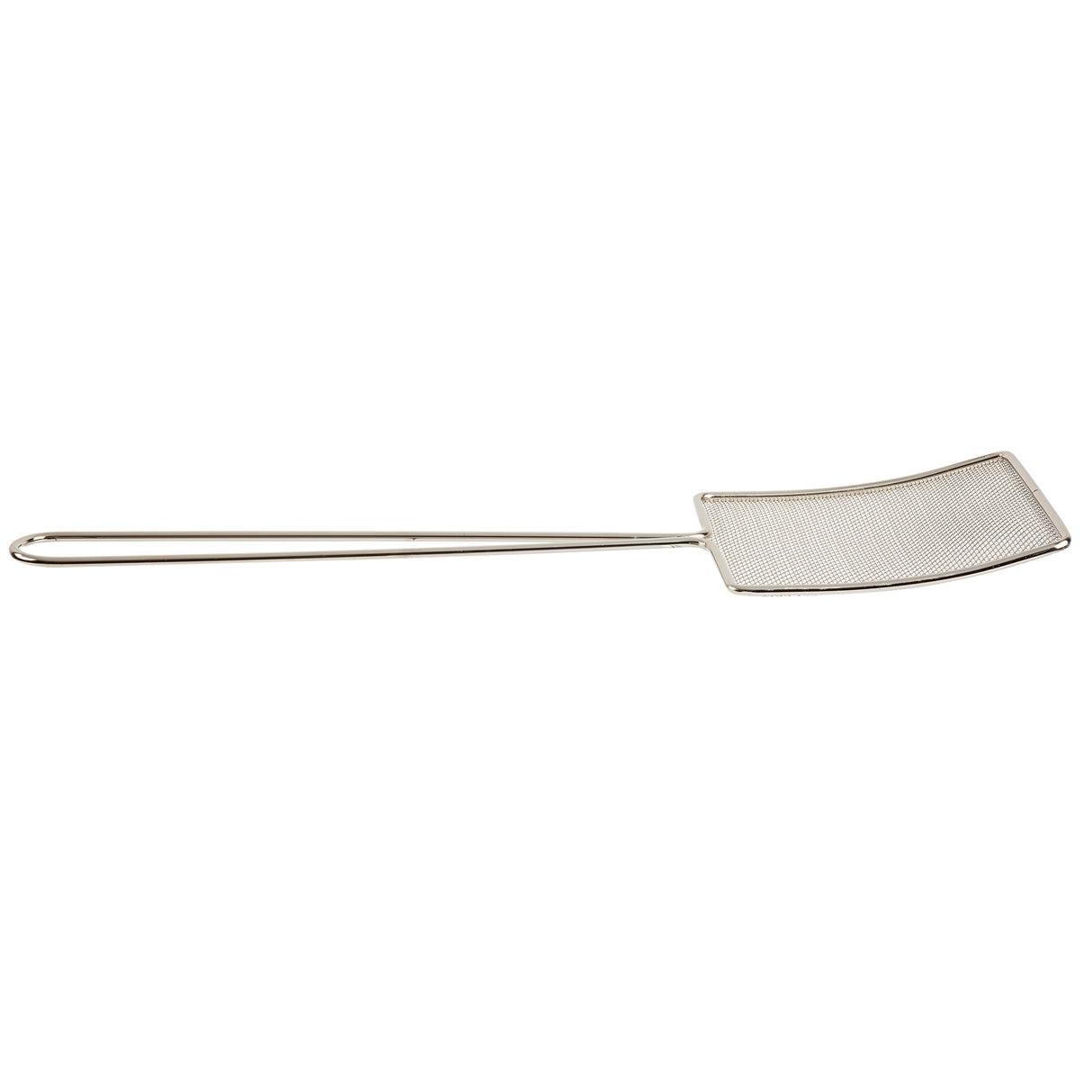 A nickel plated metal fly swatter with a long, thin handle and a rectangular fine mesh head. The swatter is lightweight and has a slightly curved head for catching insects. The background is plain white.