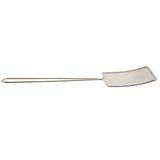 A nickel plated metal fly swatter with a long, thin handle and a rectangular fine mesh head. The swatter is lightweight and has a slightly curved head for catching insects. The background is plain white.