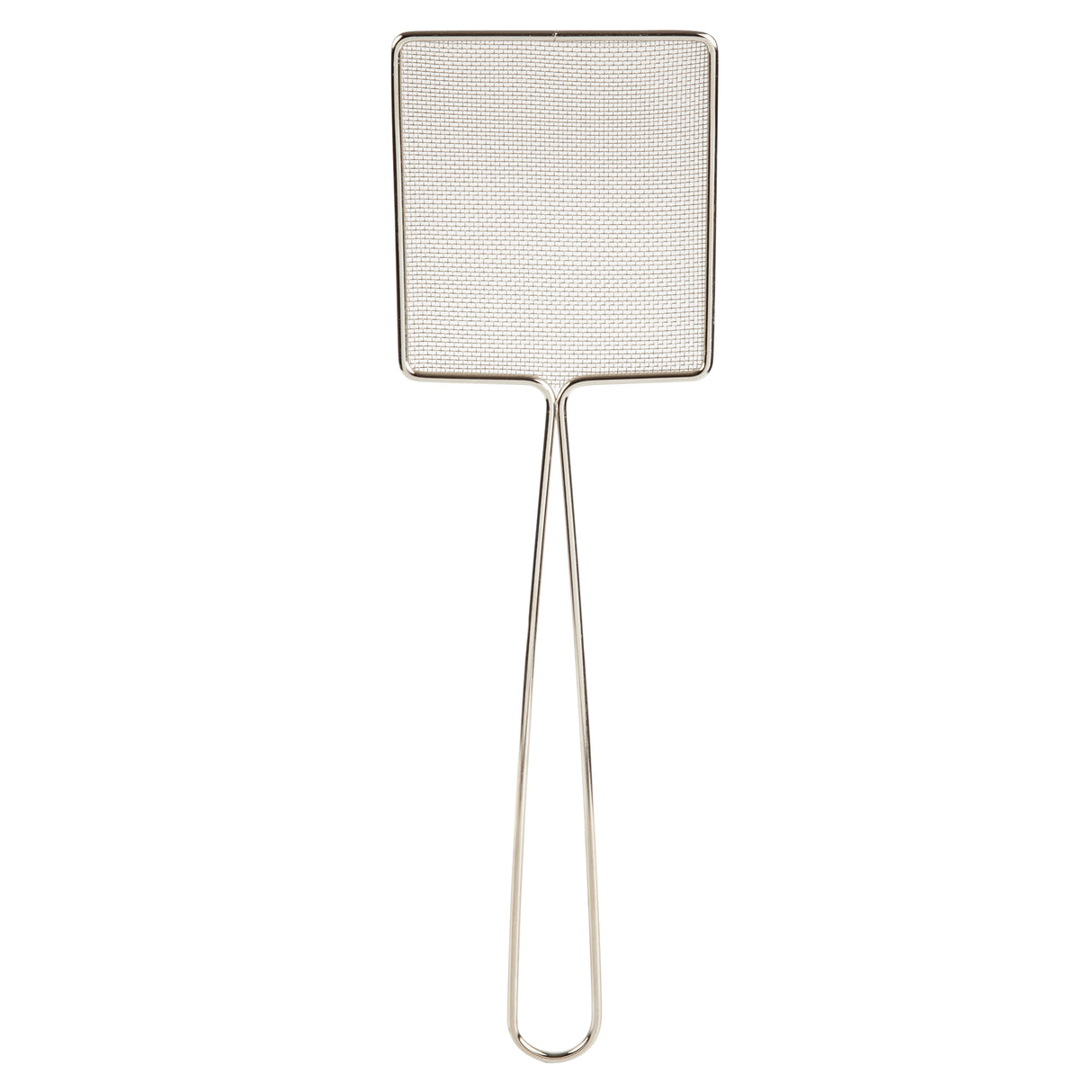 A nickel plated metal fly swatter with a long, thin handle and a rectangular fine mesh head, photographed against a white background. The swatter appears lightweight and the mesh is tightly woven for effective use.