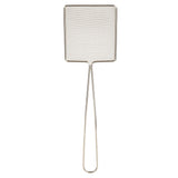 A nickel plated metal fly swatter with a long, thin handle and a rectangular fine mesh head, photographed against a white background. The swatter appears lightweight and the mesh is tightly woven for effective use.