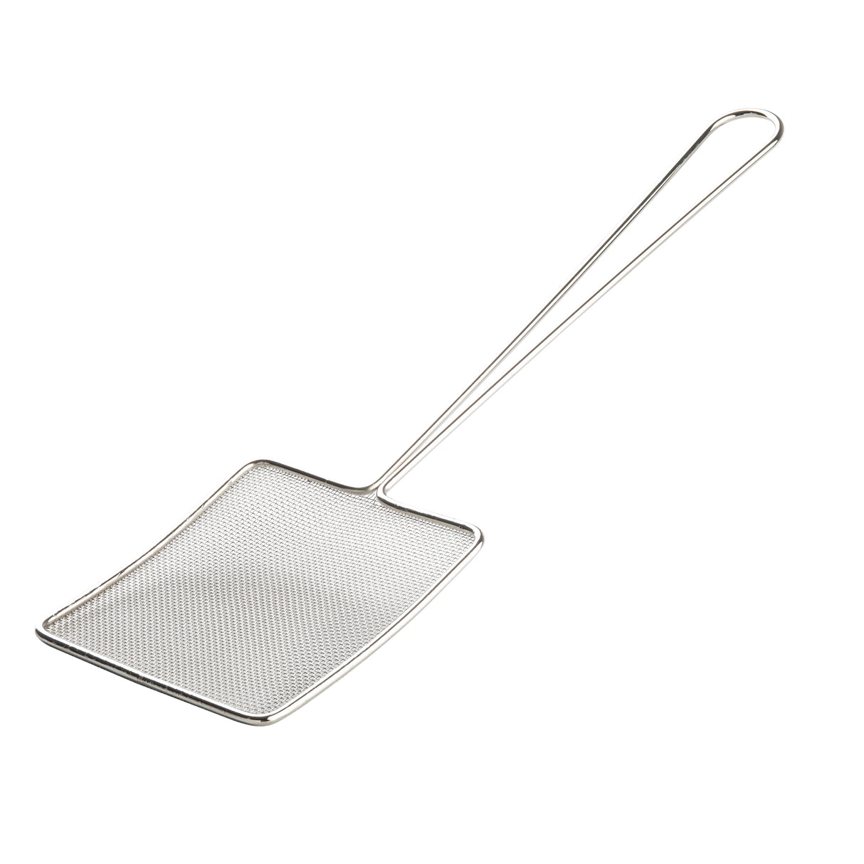 A nickel plated skimmer featuring a fine mesh, flat rectangular head and a long handle ending in a loop. The slightly curved mesh is perfect for lifting or straining food from hot oil or boiling water.