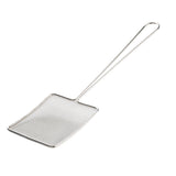 A nickel plated skimmer featuring a fine mesh, flat rectangular head and a long handle ending in a loop. The slightly curved mesh is perfect for lifting or straining food from hot oil or boiling water.