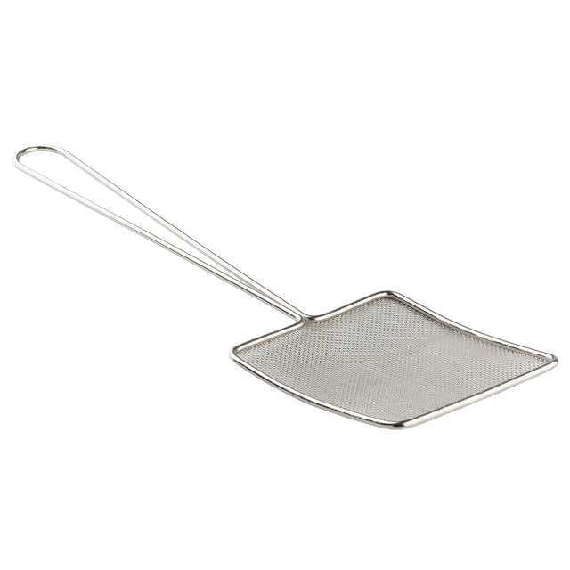 A nickel plated metal wire skimmer with a long, thin handle and a flat, square fine mesh head. The handle features a loop for hanging, and the fine mesh is ideal for straining liquids. The utensil is displayed on a plain white background.