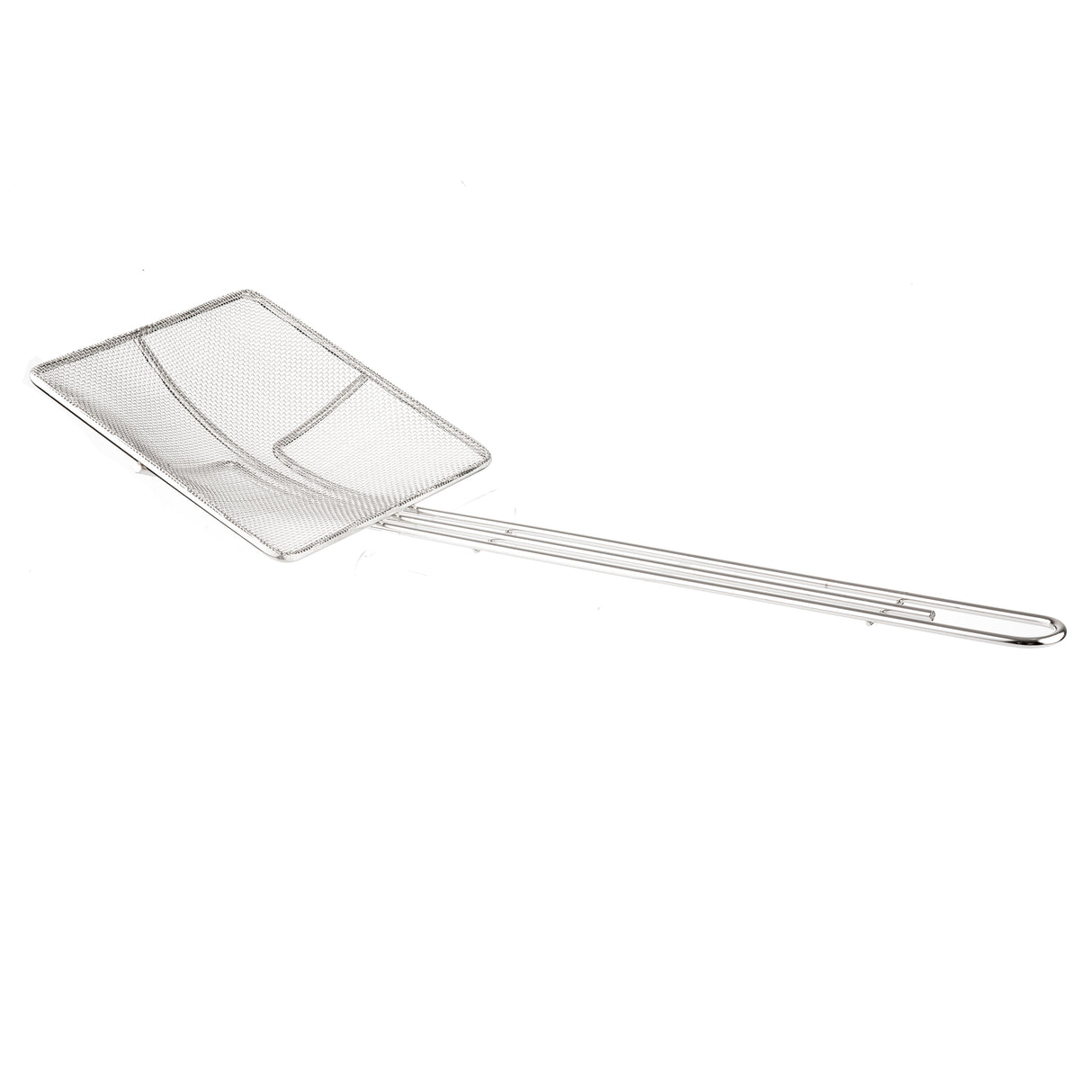 A rectangular fine mesh skimmer with a long, thin metal handle. The slightly angled, flat basket is perfect for lifting or straining food from hot oil or water. Entirely metallic and nickel plated, it’s set against a white background.
