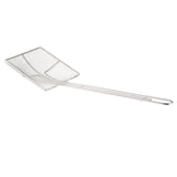 A rectangular fine mesh skimmer with a long, thin metal handle. The slightly angled, flat basket is perfect for lifting or straining food from hot oil or water. Entirely metallic and nickel plated, it’s set against a white background.