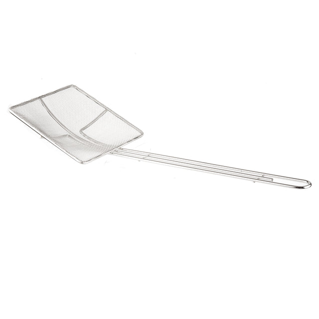 A rectangular fine mesh skimmer with a long, thin metal handle. The slightly angled, flat basket is perfect for lifting or straining food from hot oil or water. Entirely metallic and nickel plated, it’s set against a white background.