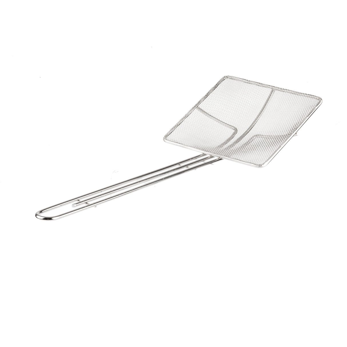 A nickel plated skimmer with a fine mesh, long thin handle, and square-shaped basket rests on a white background. The flat basket is perfect for straining or lifting food from hot liquids.