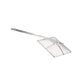 A nickel plated silver wire mesh fly swatter with a long handle and rectangular fine mesh head, photographed on a white background. The handle has a small hole for hanging. The design is simple and utilitarian.