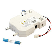 A white UV-C lamp ballast with ventilation slots, warning labels, and two metal output ports is shown. A blue UV-C lamp and a white connector with red and black wires are placed beside the ballast, ideal for bacteria inhibitor use in ice makers.