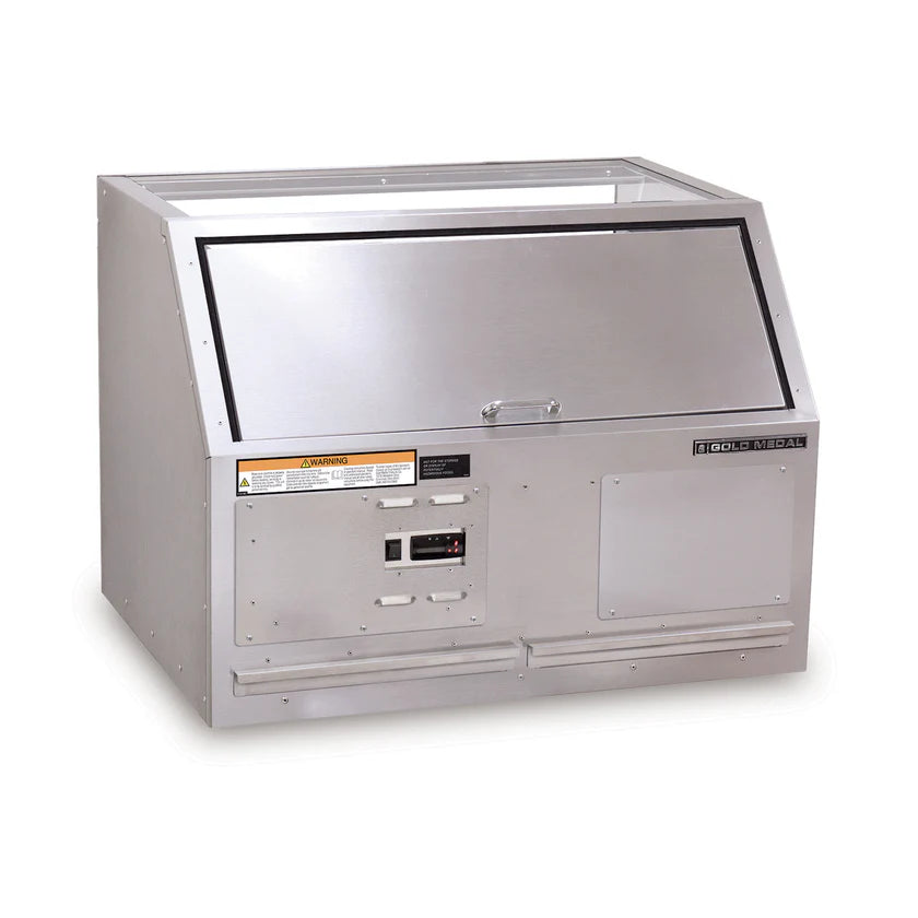 A commercial-grade stainless steel ice cream dipping cabinet with an insulated compartment, a glass top, a hinged front-access door, control panel with warning labels, digital display, and the “Gold Medal” logo on the right side, all set against a white background.