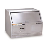 A large stainless steel commercial ice cream dipper well with a slanted front panel, control buttons, warning labels, and a hinged lid on top features an insulated compartment. The “Gold Medal” brand logo is visible on the right side.