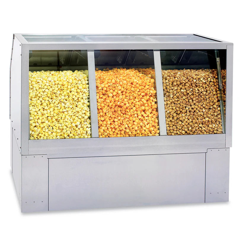A stainless steel popcorn display case features insulated compartments and three sections, each filled with yellow buttered, orange cheese, and brown caramel popcorn, all behind a glass panel for optimal freshness.