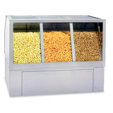 A stainless steel popcorn display case features insulated compartments and three sections, each filled with yellow buttered, orange cheese, and brown caramel popcorn, all behind a glass panel for optimal freshness.