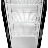 The image shows the interior of an empty commercial merchandiser refrigerator with four wire shelves and a white back panel. The glossy black edges and small circular drain hole on the bottom surface add to the sleek design.