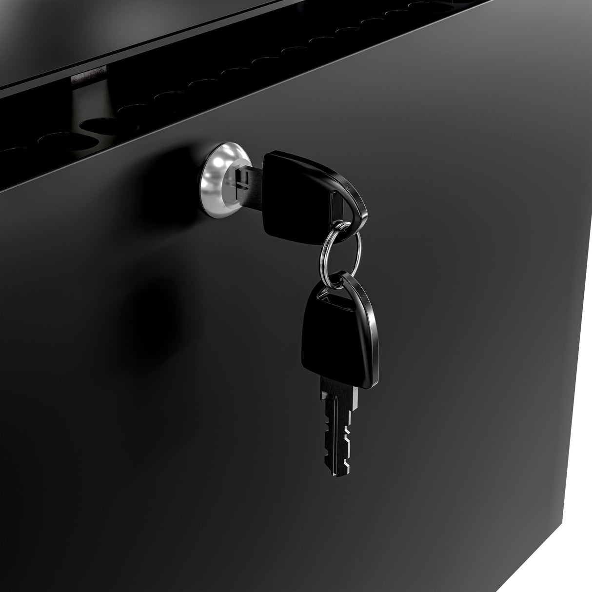 A close-up of a black metal drawer with a key in a silver lock, reminiscent of the sleek design found in a slim refrigerator. Another identical key hangs beside it, both against a background of smooth, shiny black metal.