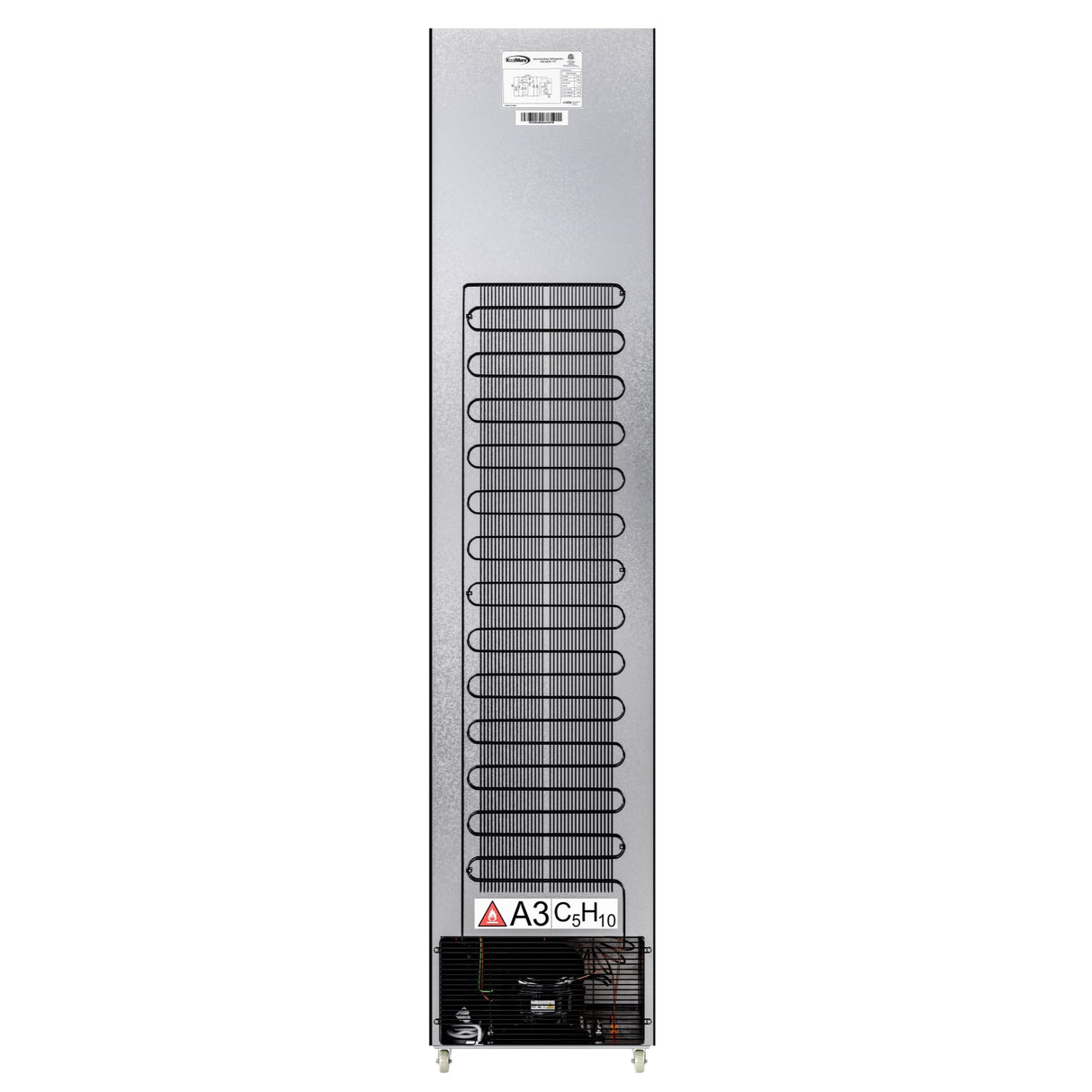 The back view of a tall, silver commercial merchandiser refrigerator shows a large black cooling coil, warning labels, a compressor unit at the bottom, and small wheels for mobility. The metallic surface also features a manufacturer label at the top.
