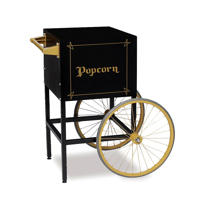 A vintage-style Popcorn Cart by Gold Medal Products, featuring gold trim and “Popcorn” lettering. The Fun Pop Cart boasts two large gold-rimmed wheels, two rear legs, and a gold handle for easy pushing.