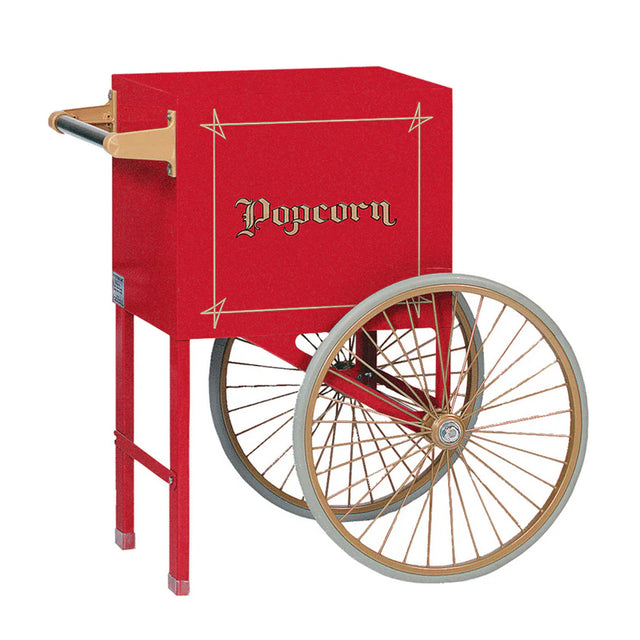 A vintage-style Red Fun Pop Cart popcorn cart with gold accents and large spoked wheels. “Popcorn” is written in ornate gold letters on the side, showcasing classic Gold Medal Products style. Includes handles and a rectangular compartment for serving.