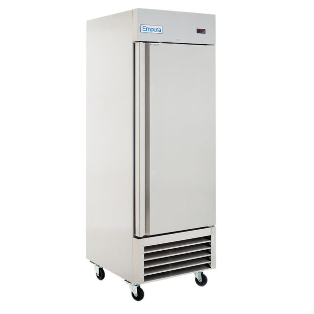 A tall, stainless steel commercial refrigerator with a single door, digital display, and vented panel at the bottom. This Empura reach-in refrigerator stands on four black caster wheels for easy mobility.